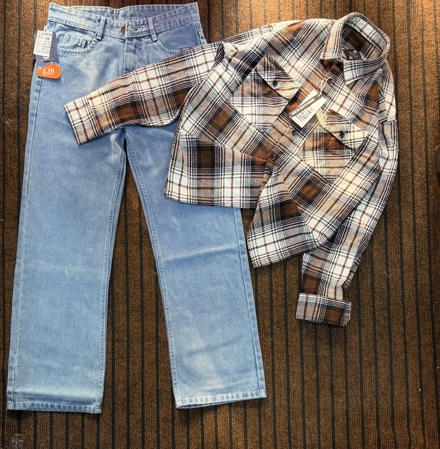 Classic Street Style – Blue Plaid Flannel Shirt with Distressed Grey Jeans at Just ₹99!