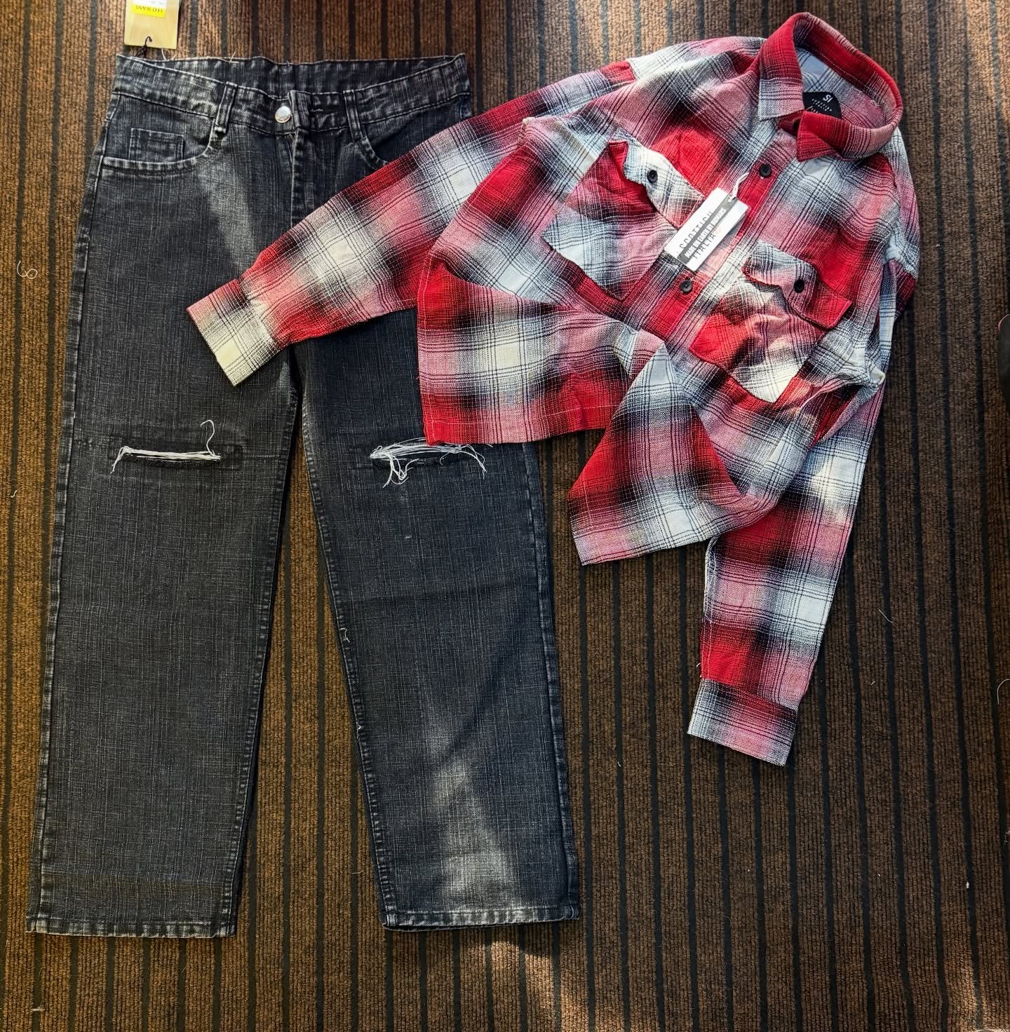 Classic Street Style – Blue Plaid Flannel Shirt with Distressed Grey Jeans at Just ₹99!