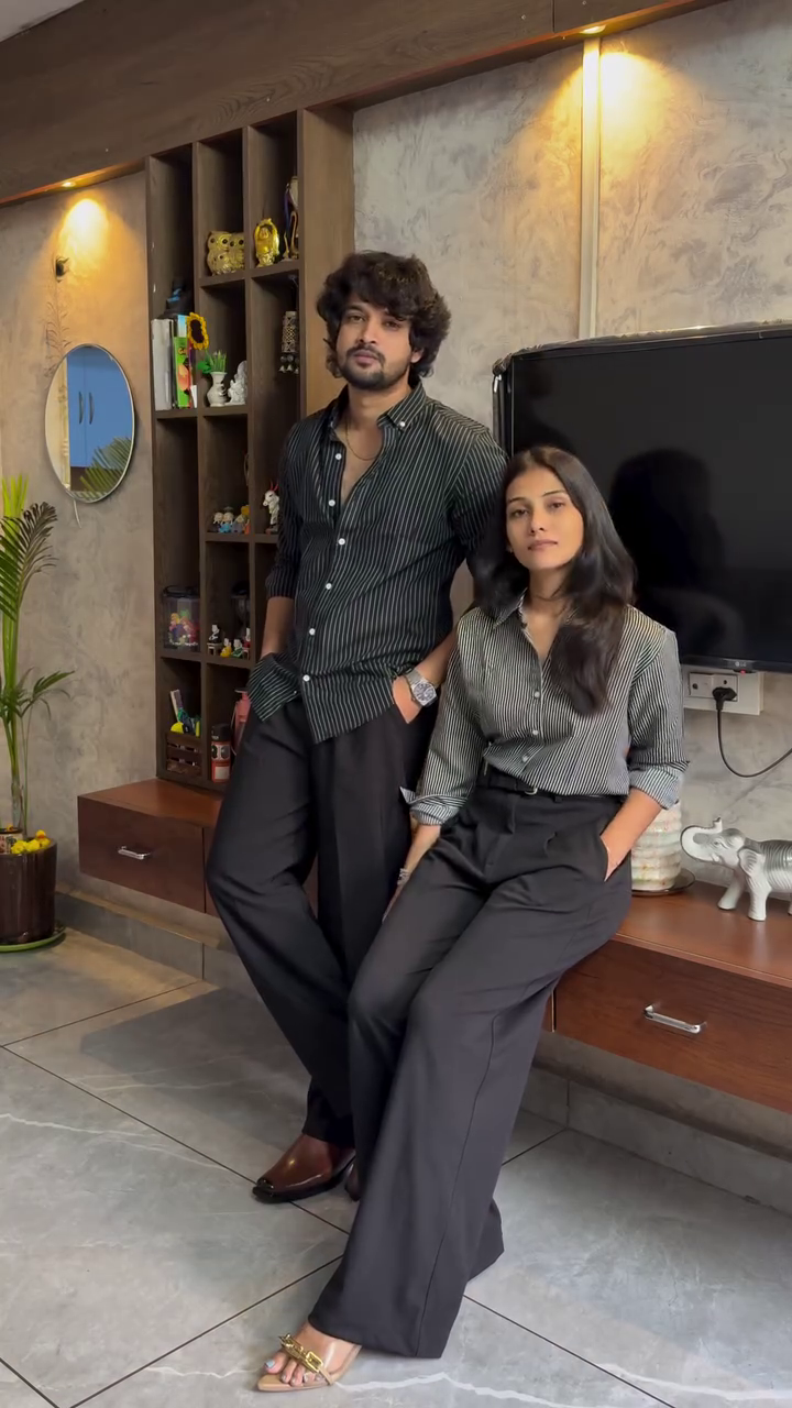 Elegant Striped Shirt and Wide Leg Trouser Couple Outfit – Modern Minimal Fashion Look