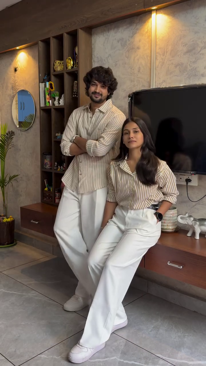 Elegant Striped Shirt and Wide Leg Trouser Couple Outfit – Modern Minimal Fashion Look