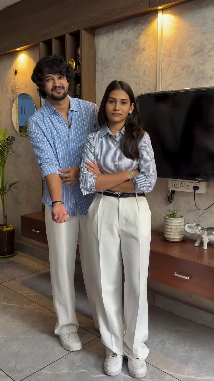 Elegant Striped Shirt and Wide Leg Trouser Couple Outfit – Modern Minimal Fashion Look