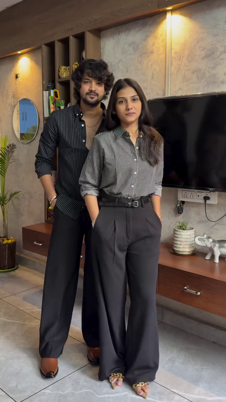 Elegant Striped Shirt and Wide Leg Trouser Couple Outfit – Modern Minimal Fashion Look