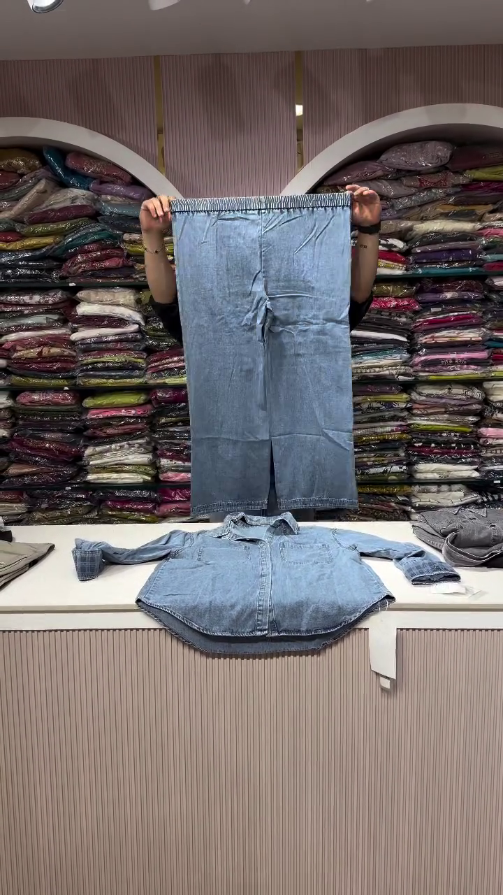 Classic  Wash Denim Shirt with Wide Leg Jeans – Minimal Everyday Denim-on-Denim Fashion Look