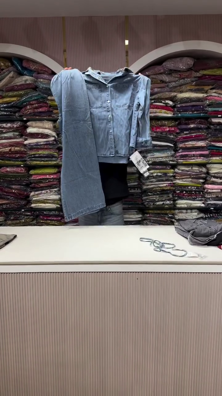 Classic  Wash Denim Shirt with Wide Leg Jeans – Minimal Everyday Denim-on-Denim Fashion Look