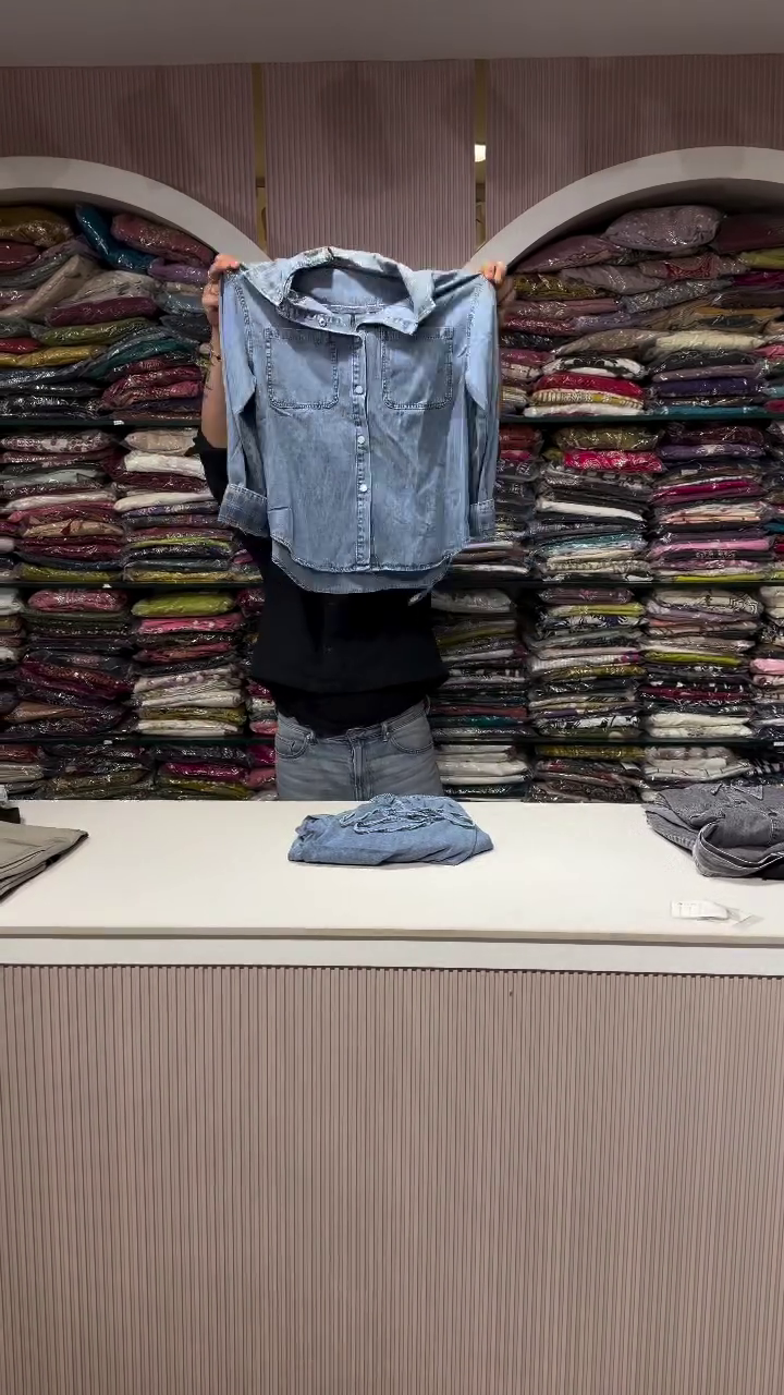Classic  Wash Denim Shirt with Wide Leg Jeans – Minimal Everyday Denim-on-Denim Fashion Look