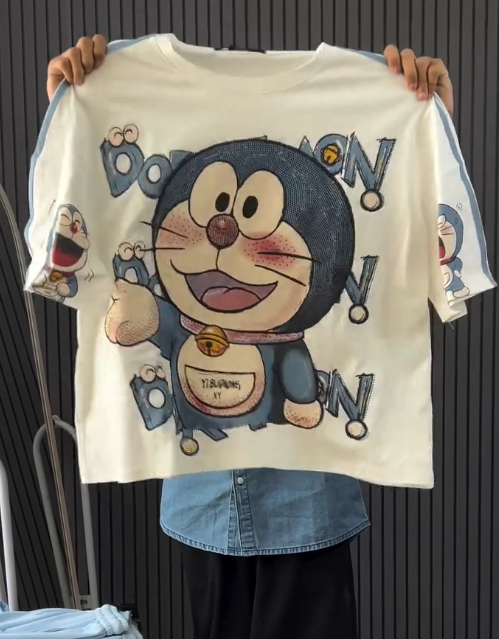 Cute Doraemon Oversized Graphic T-Shirt  and denim for Women – Trendy Korean Style Cartoon Streetwear Tee