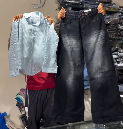 Trendy Striped Shirt & Wide-Leg Denim Co-Ord Combo