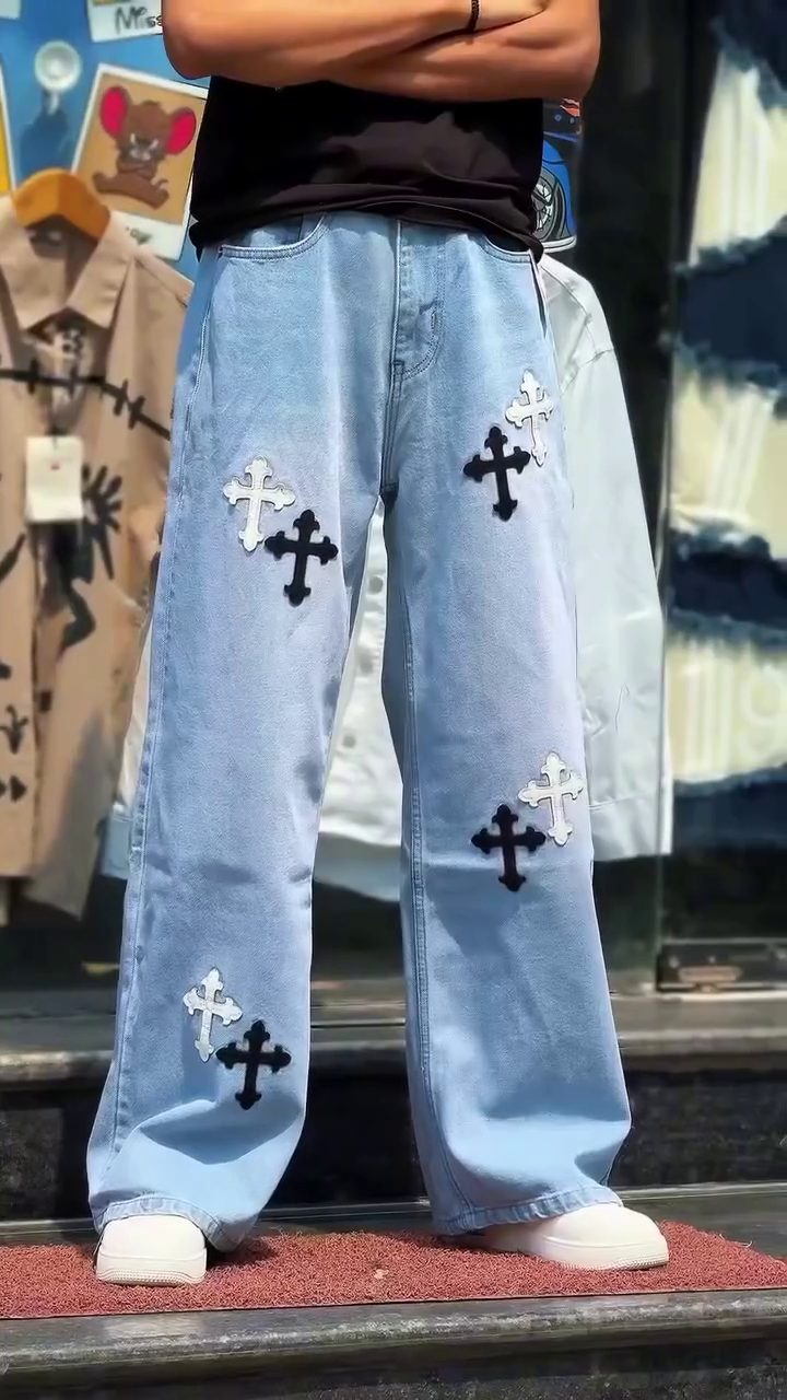 Men's Light Blue Wide Leg Denim Jeans with Cross Patch Design