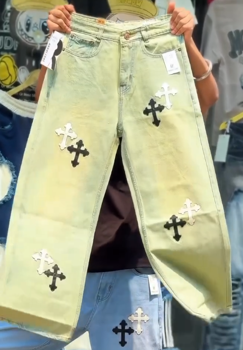 Men's Light Blue Wide Leg Denim Jeans with Cross Patch Design