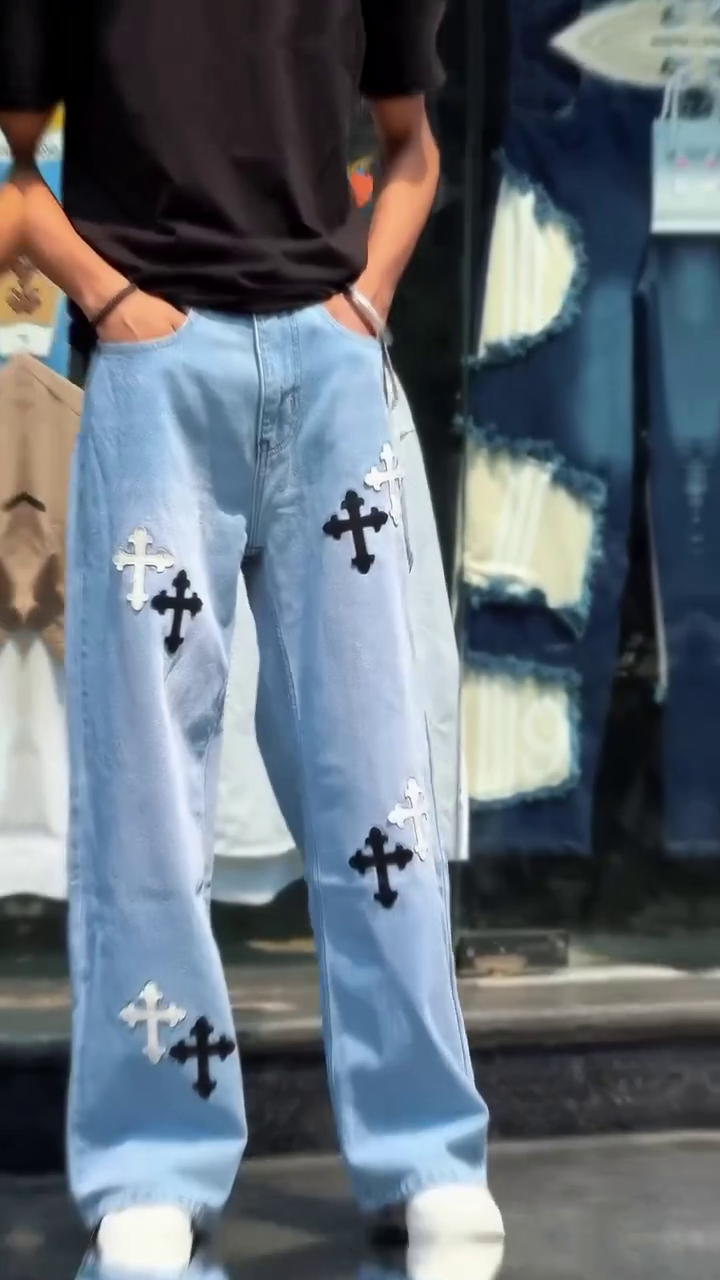 Men's Light Blue Wide Leg Denim Jeans with Cross Patch Design