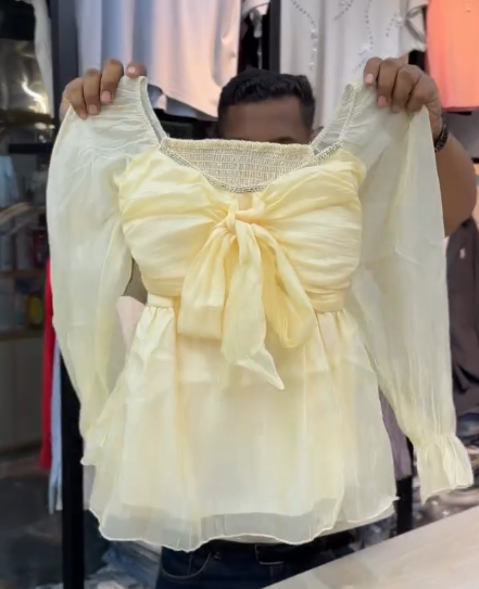 Women's Elegant Yellow Organza Peplum Top with Light Blue Wide Leg Denim Jeans