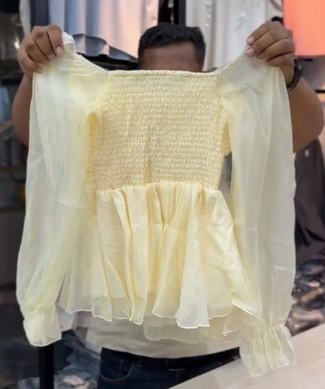 Women's Elegant Yellow Organza Peplum Top with Light Blue Wide Leg Denim Jeans