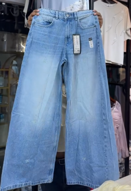 Women's Elegant Yellow Organza Peplum Top with Light Blue Wide Leg Denim Jeans