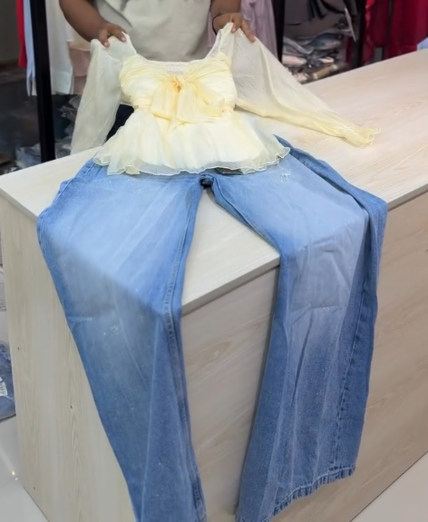 Women's Elegant Yellow Organza Peplum Top with Light Blue Wide Leg Denim Jeans