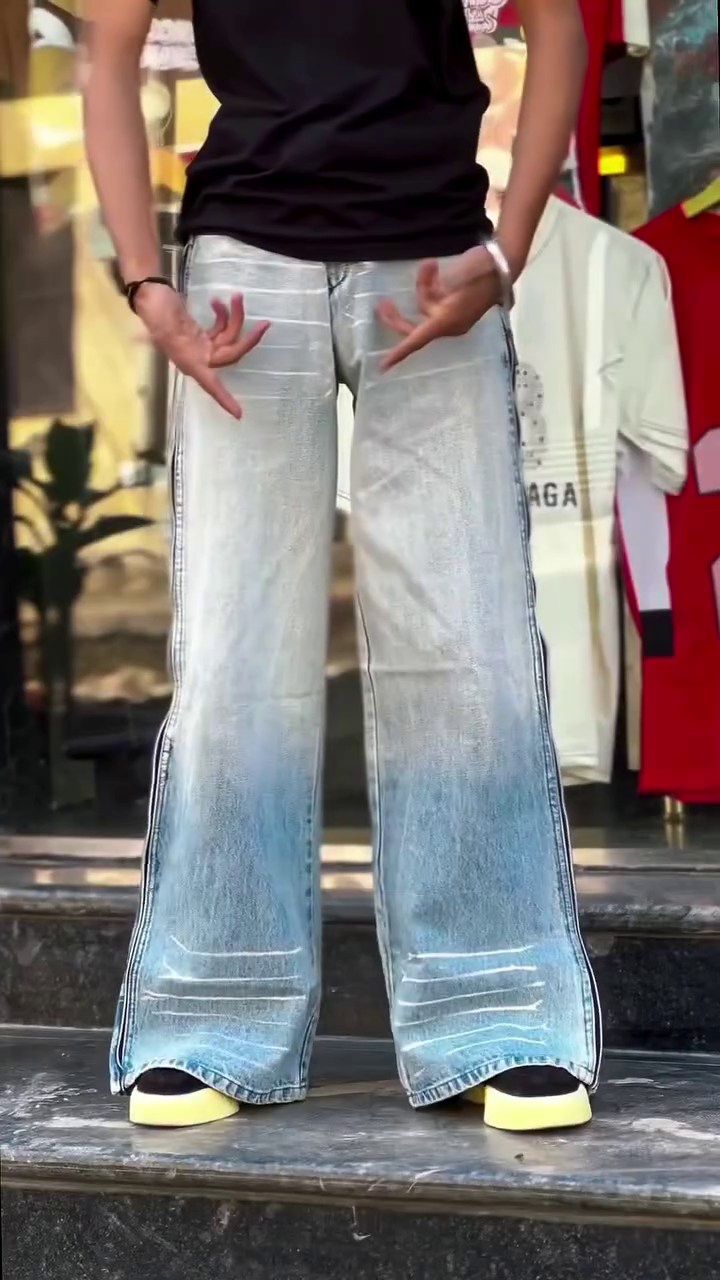 Men's Light Wash Wide Leg Side-Zip Denim Jeans – Trendy Convertible Streetwear Baggy Pants