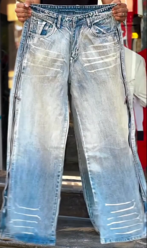 Men's Light Wash Wide Leg Side-Zip Denim Jeans – Trendy Convertible Streetwear Baggy Pants