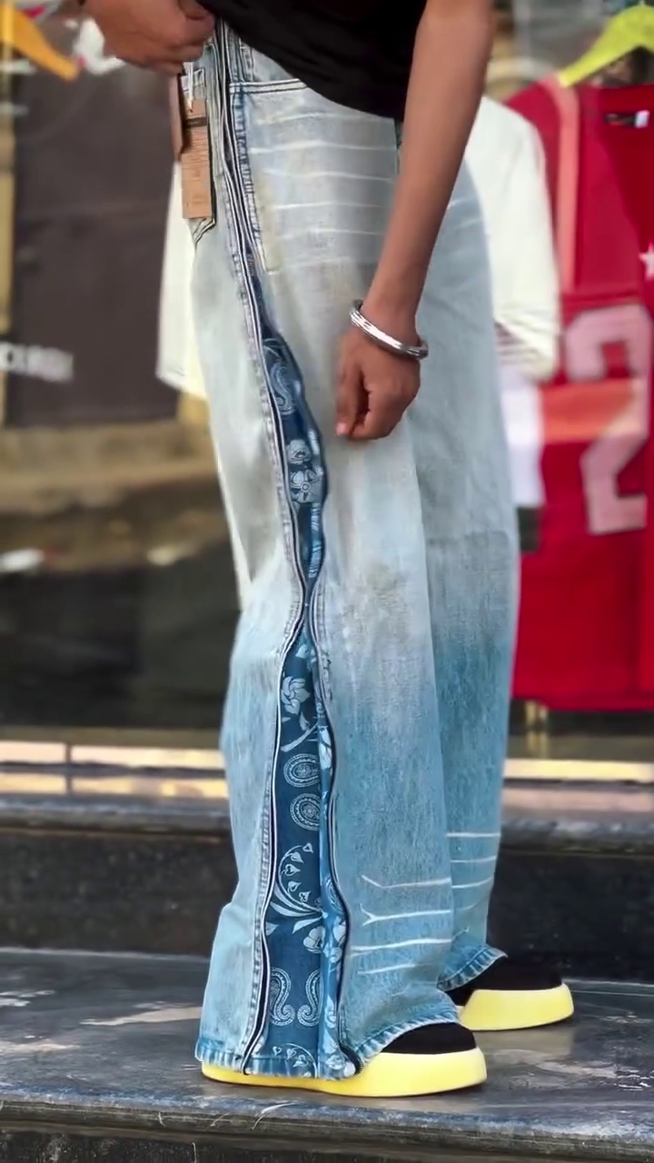 Men's Light Wash Wide Leg Side-Zip Denim Jeans – Trendy Convertible Streetwear Baggy Pants
