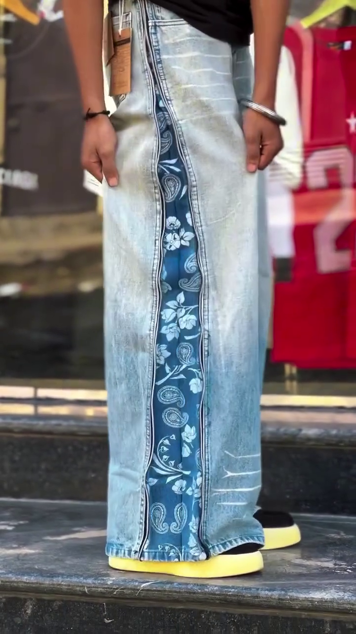 Men's Light Wash Wide Leg Side-Zip Denim Jeans – Trendy Convertible Streetwear Baggy Pants