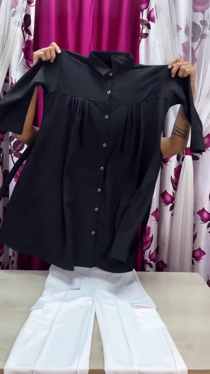 Elegant Black Button-Down Tunic with White Cargo Pants Co-Ord Set – Stylish Casual Outfit for Women