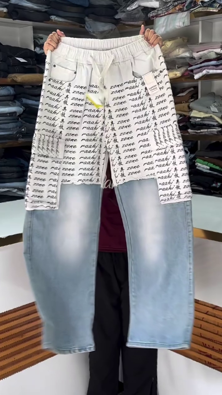 Men's Layered Printed Denim Cargo Jeans – Premium Street Style Casual Wide Leg Pants