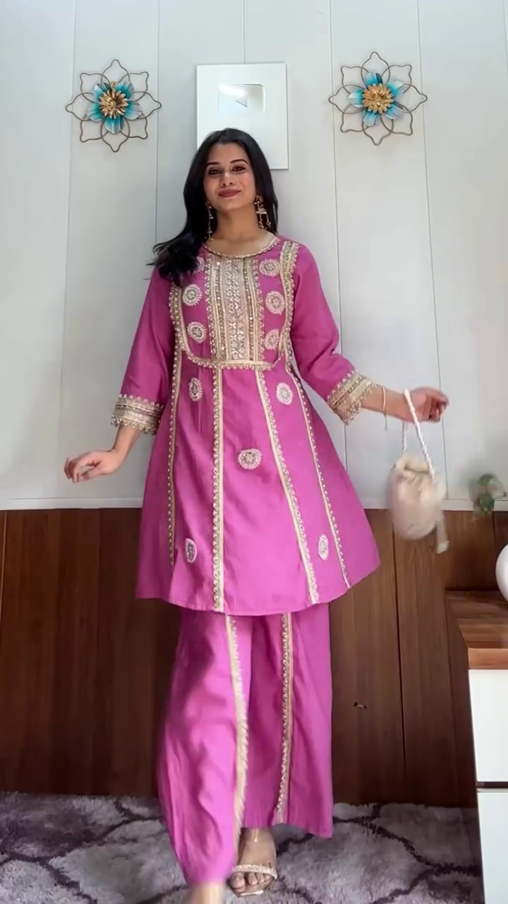 Elegant Floral Embroidered Cotton Kurta Palazzo Set with Potli Bag – Premium Ethnic Wear for Women