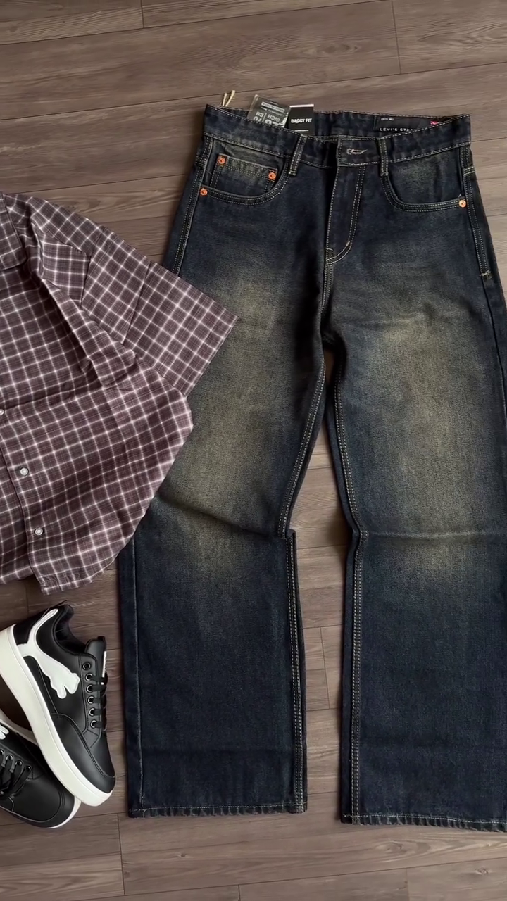 Men's Oversized Checkered Shirt & Dark Blue Straight Fit Jeans Combo – Trendy Casual Streetwear Outfit