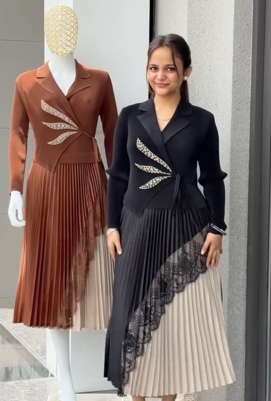 Women's Designer Pleated Midi Dress – Elegant Blazer Style Party & Evening Wear