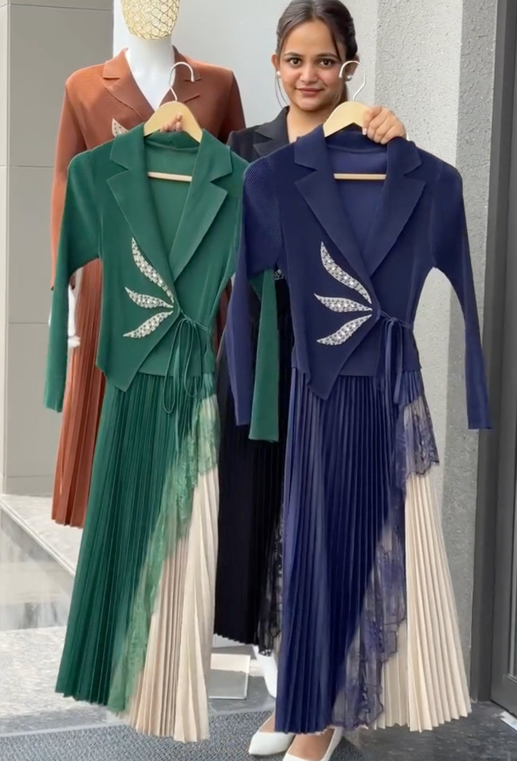 Women's Designer Pleated Midi Dress – Elegant Blazer Style Party & Evening Wear