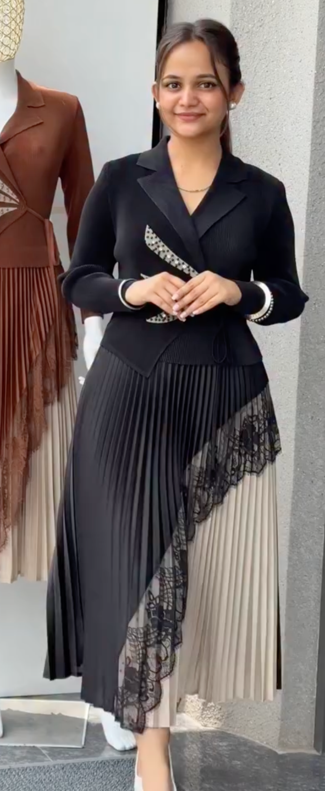 Women's Designer Pleated Midi Dress – Elegant Blazer Style Party & Evening Wear