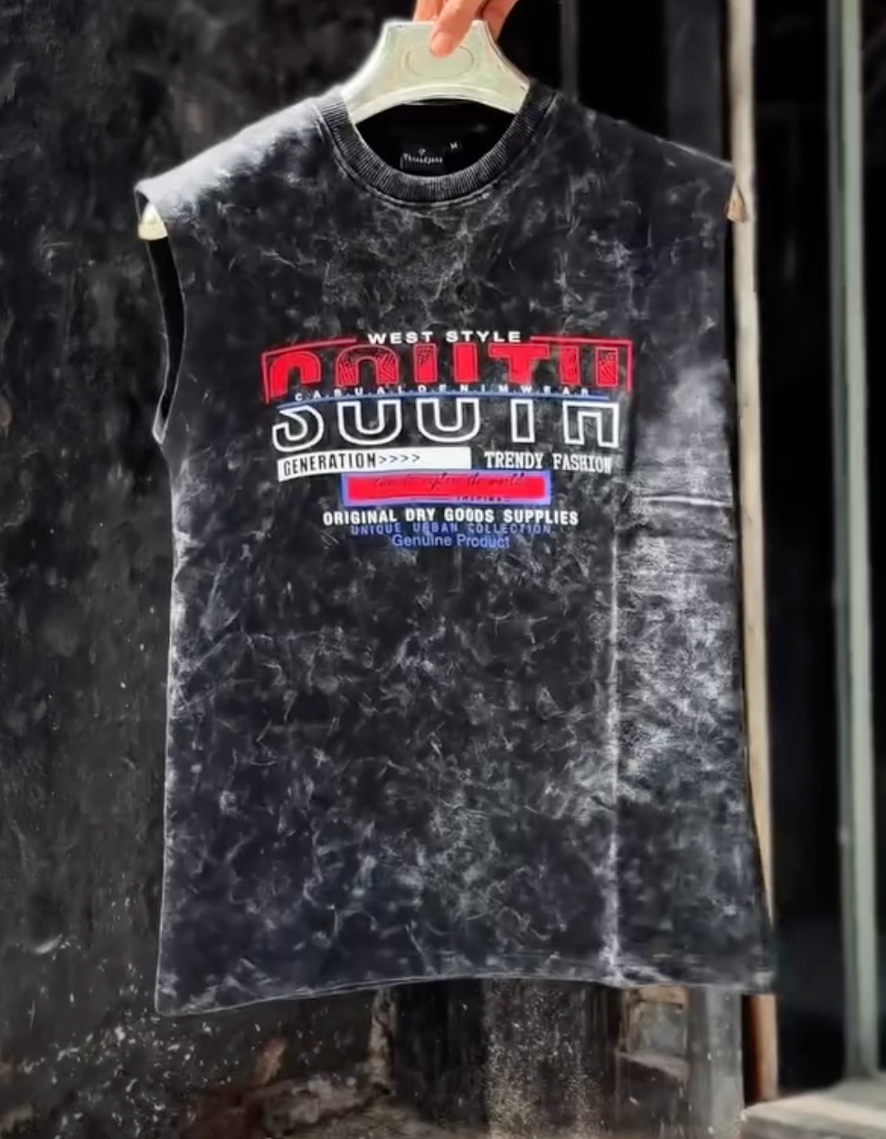 Men's Acid Wash Sleeveless Muscle Fit T-Shirt – Trendy Graphic Printed Casual Gym Wear