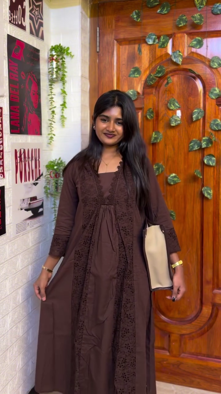 Women’s Elegant Brown Embroidered Kurta Set – Stylish Long Ethnic Kurti with Intricate Detailing for Casual, Office & Festive Wear