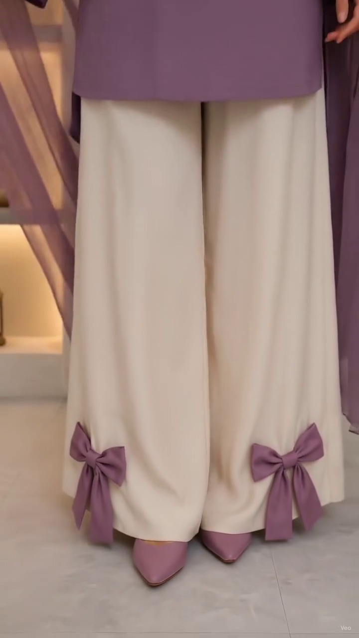 Women’s Lavender Chiffon Dupatta Set with White Palazzo Pants – Elegant Kurta Outfit with Bow Detailing for Festive & Casual Wear