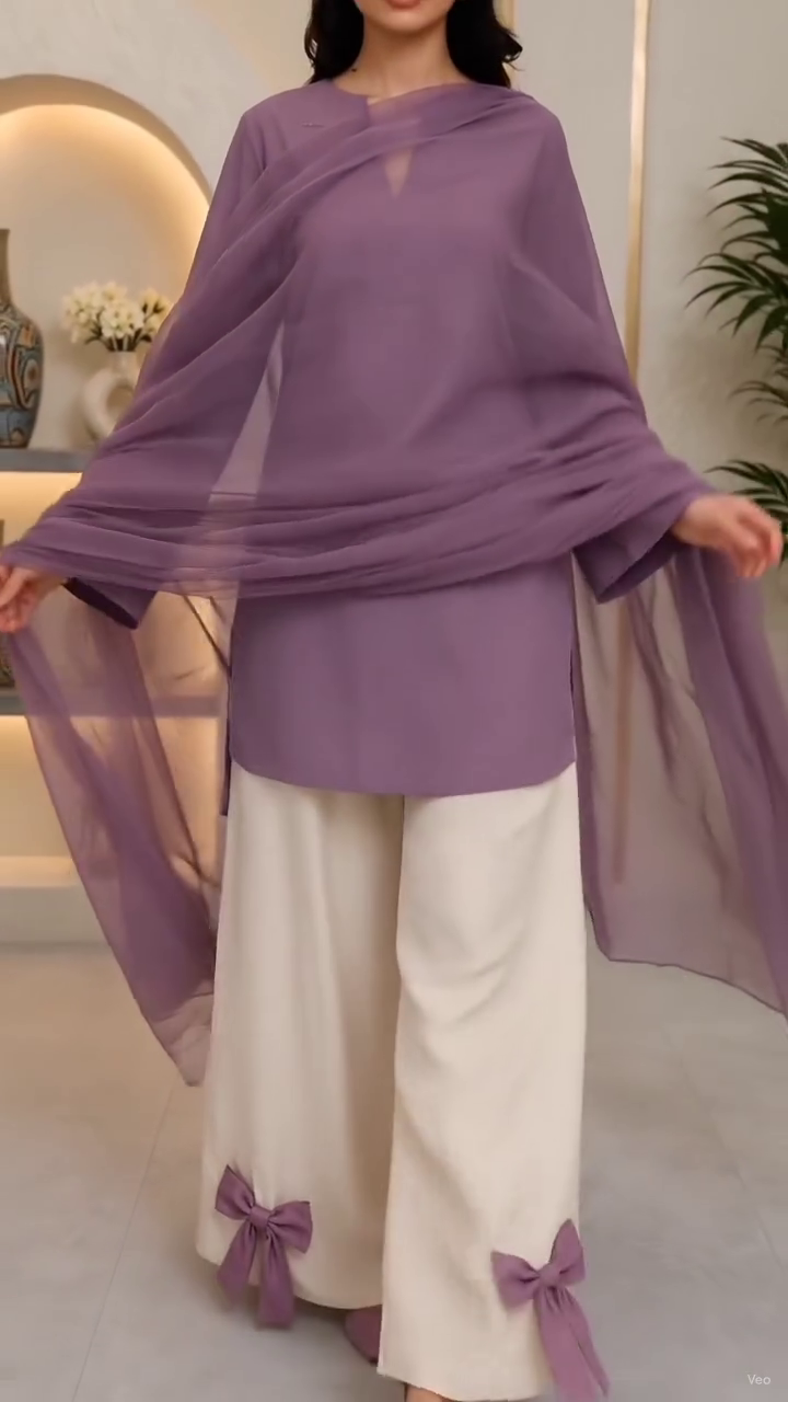 Women’s Lavender Chiffon Dupatta Set with White Palazzo Pants – Elegant Kurta Outfit with Bow Detailing for Festive & Casual Wear