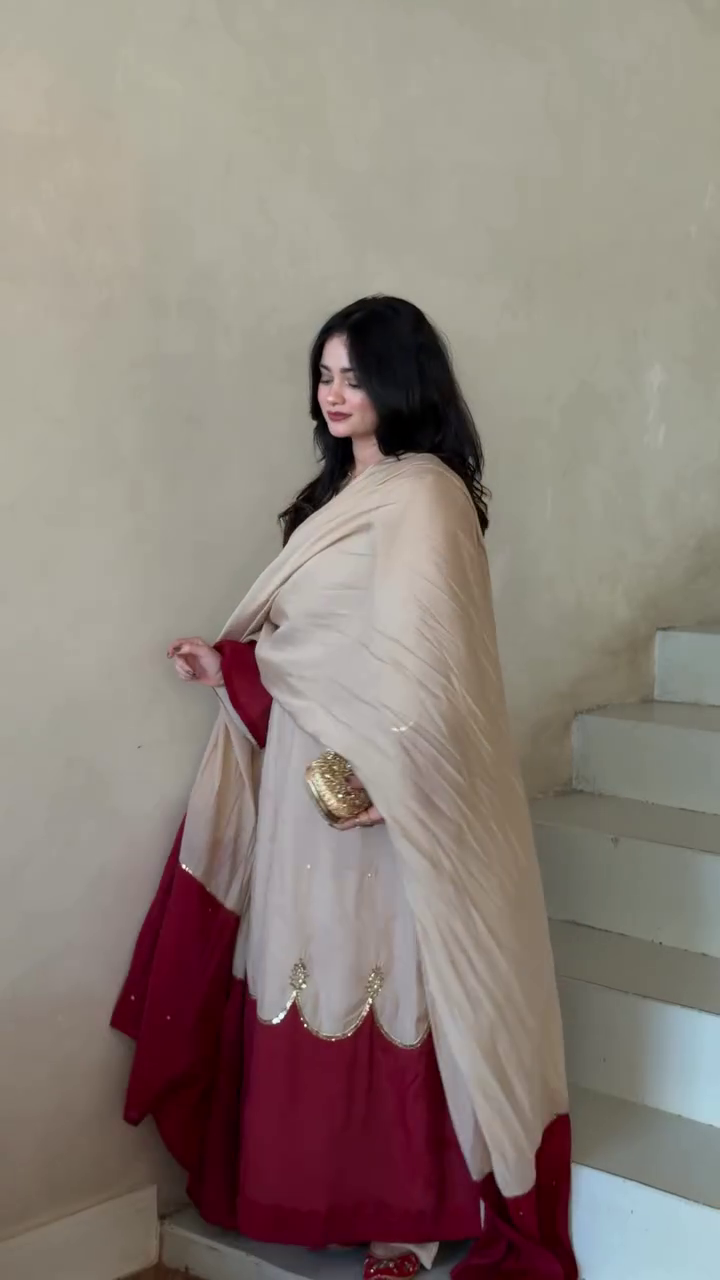 Women’s Beige and Maroon Anarkali Suit Set – Elegant Embroidered Ethnic Dress with Contrast Dupatta for Festive & Wedding Wear