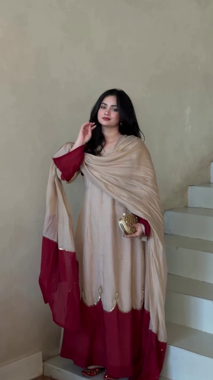 Women’s Beige and Maroon Anarkali Suit Set – Elegant Embroidered Ethnic Dress with Contrast Dupatta for Festive & Wedding Wear