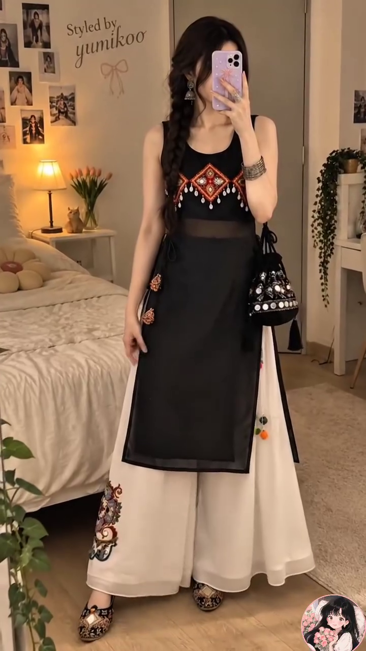 Women’s Black Embroidered Kurta with White Palazzo Pants – Stylish Indo-Western Ethnic Co-Ord Set for Festive & Casual Wear