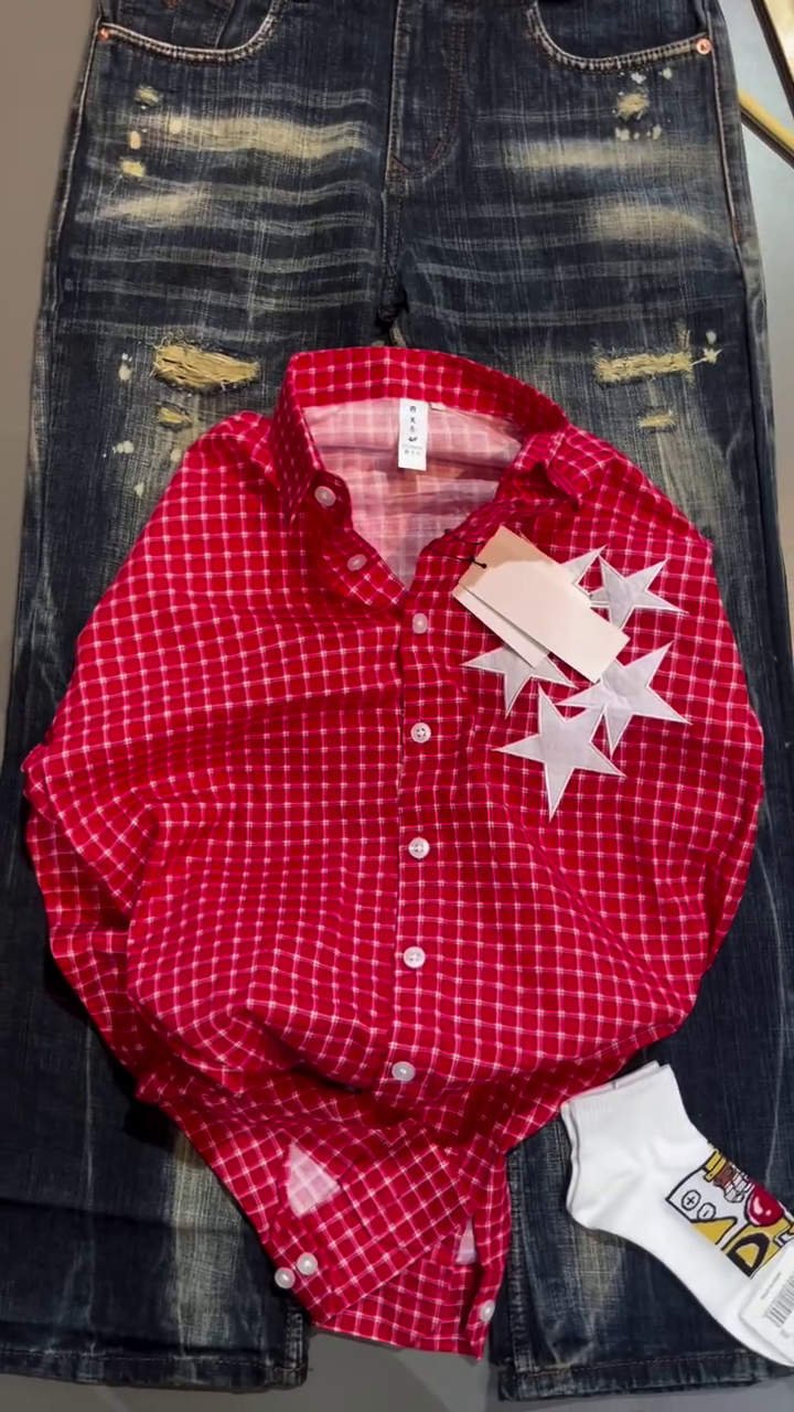 Trendy Red Checked Shirt and Distressed Denim Jeans Combo for a Stylish Casual Look