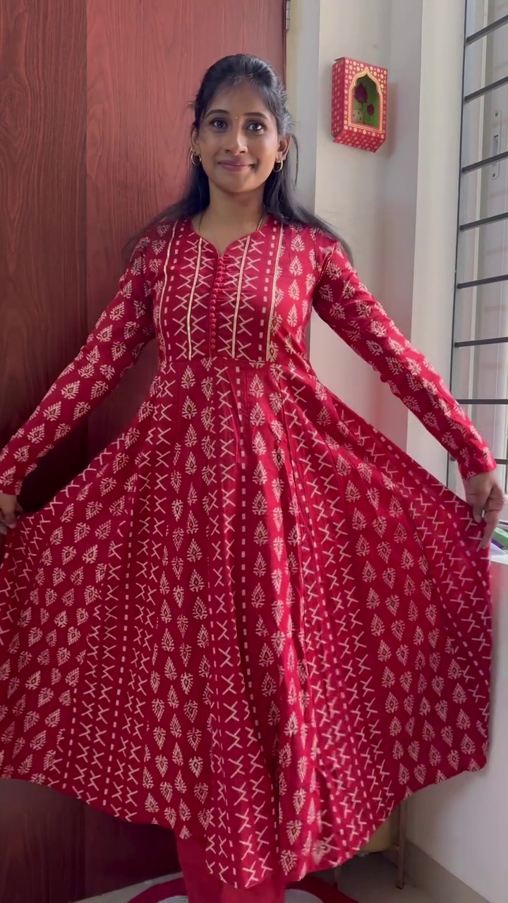 Elegant Wine Red Printed Anarkali Suit with Traditional Motifs & Graceful Dupatta for Festive Celebrations