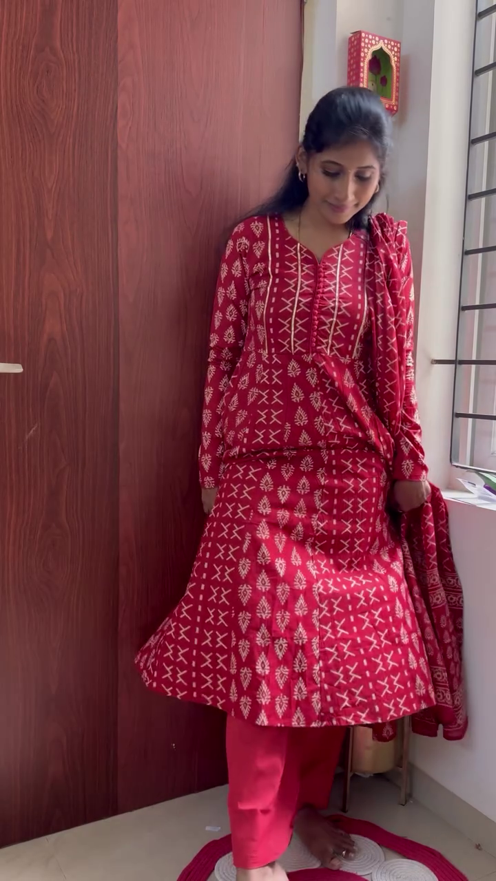 Elegant Wine Red Printed Anarkali Suit with Traditional Motifs & Graceful Dupatta for Festive Celebrations