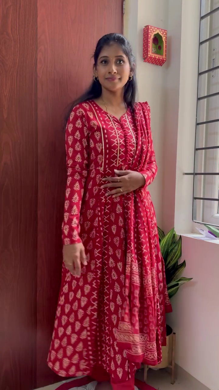 Elegant Wine Red Printed Anarkali Suit with Traditional Motifs & Graceful Dupatta for Festive Celebrations