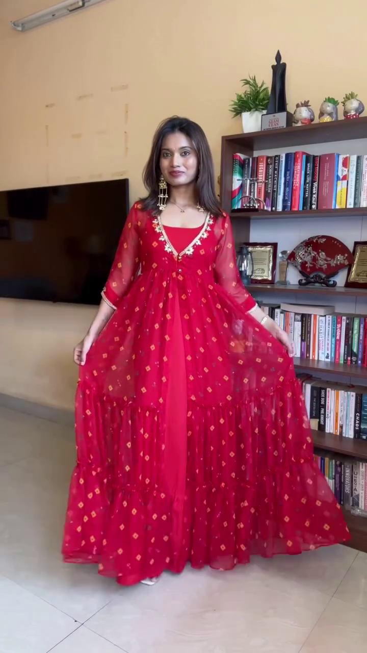 Stunning Red Tiered Anarkali Gown with Golden Motif Print & Elegant Embellished Neckline for Festive Celebrations