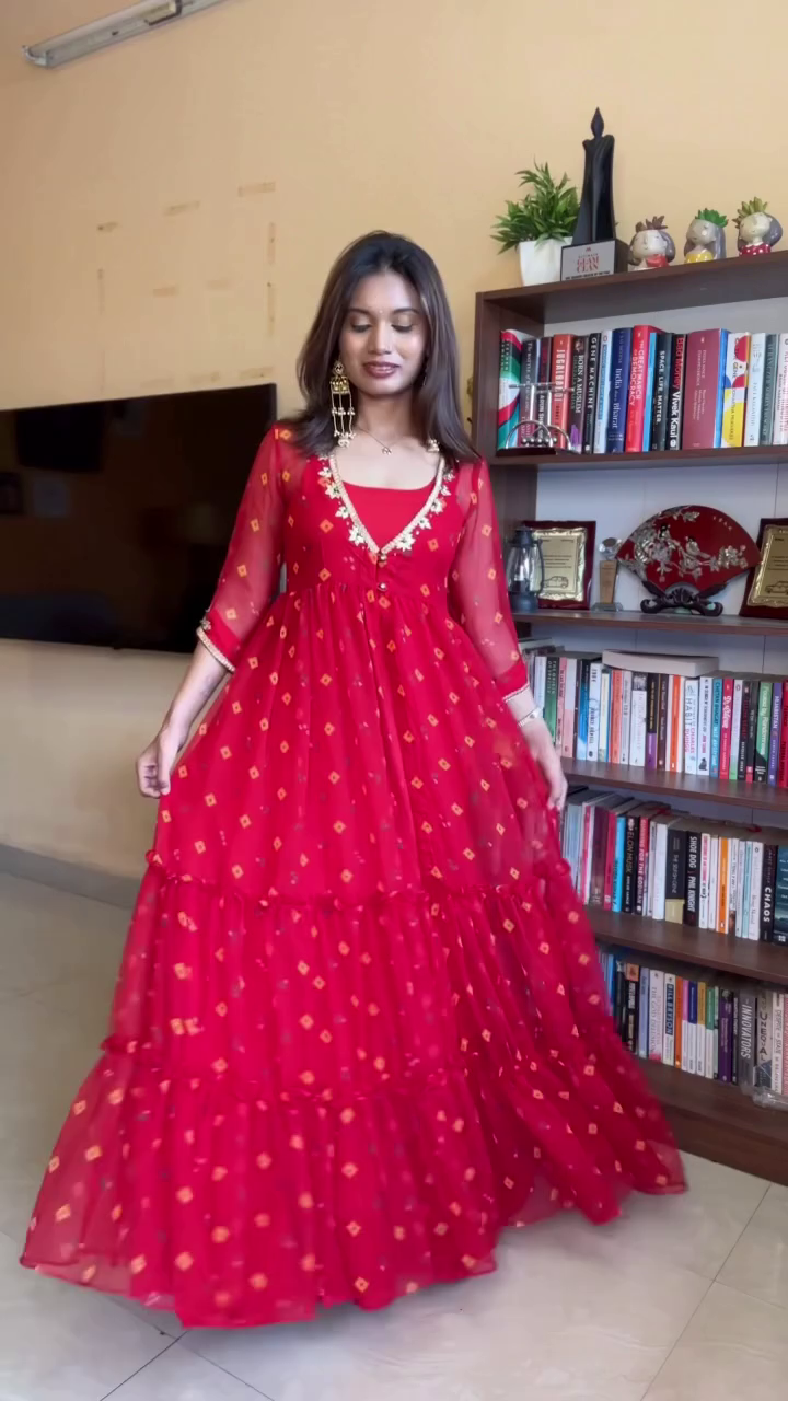 Stunning Red Tiered Anarkali Gown with Golden Motif Print & Elegant Embellished Neckline for Festive Celebrations