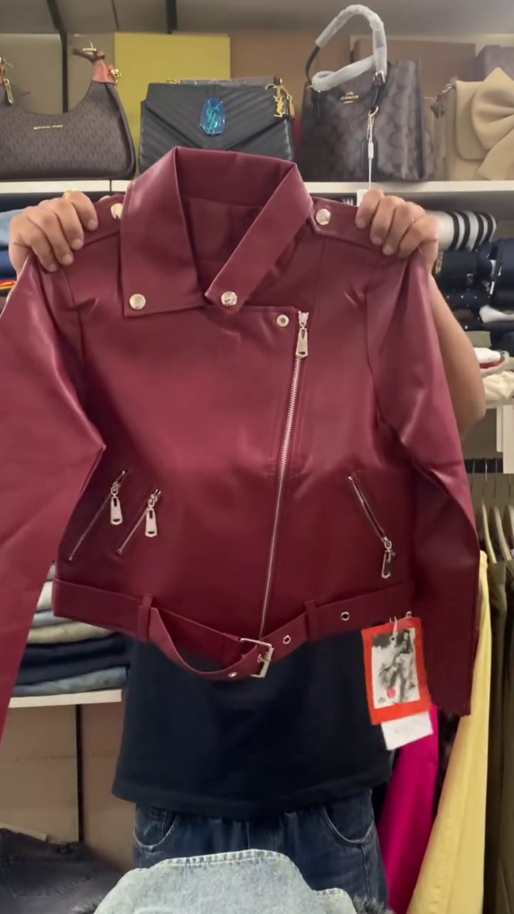 Stylish Maroon Faux Leather Jacket with Trendy Grey Denim Jeans – Modern Casual Fashion Set