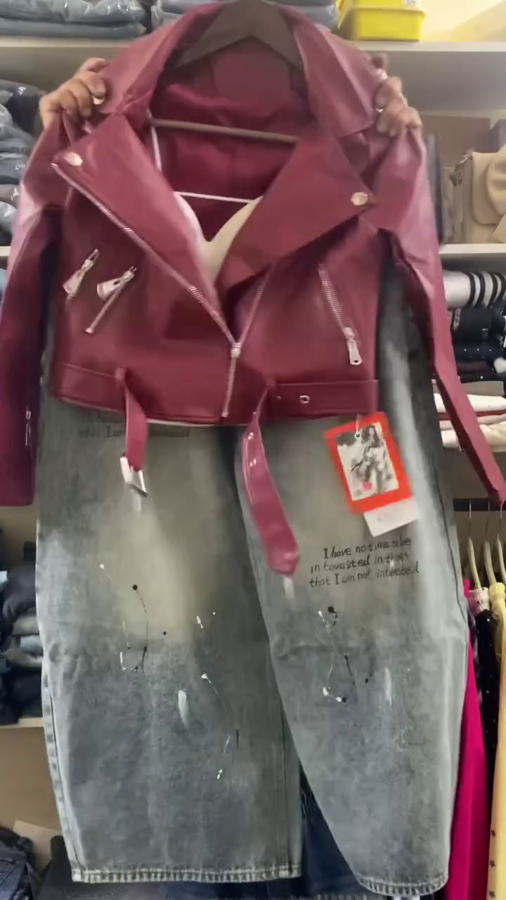 Stylish Maroon Faux Leather Jacket with Trendy Grey Denim Jeans – Modern Casual Fashion Set