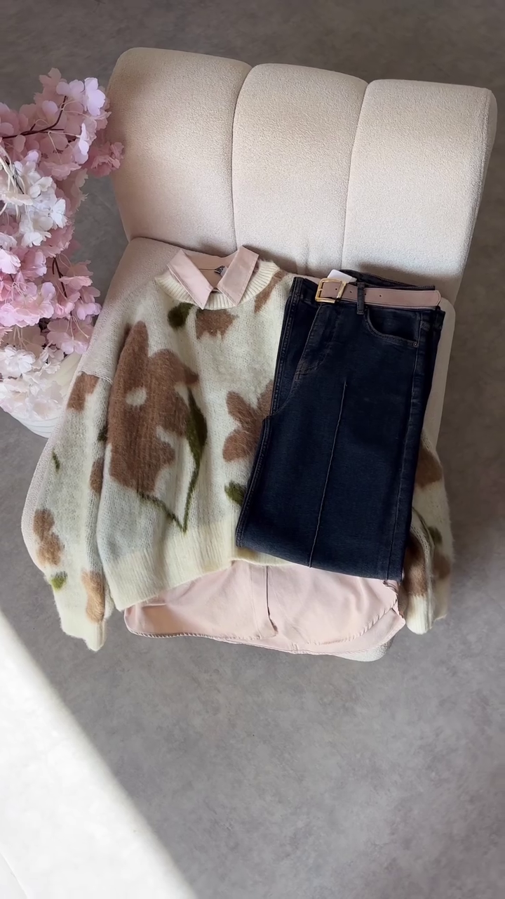 Cozy Winter Fashion Combo with Printed Sweater, Navy Shirt and Classic Denim Jeans