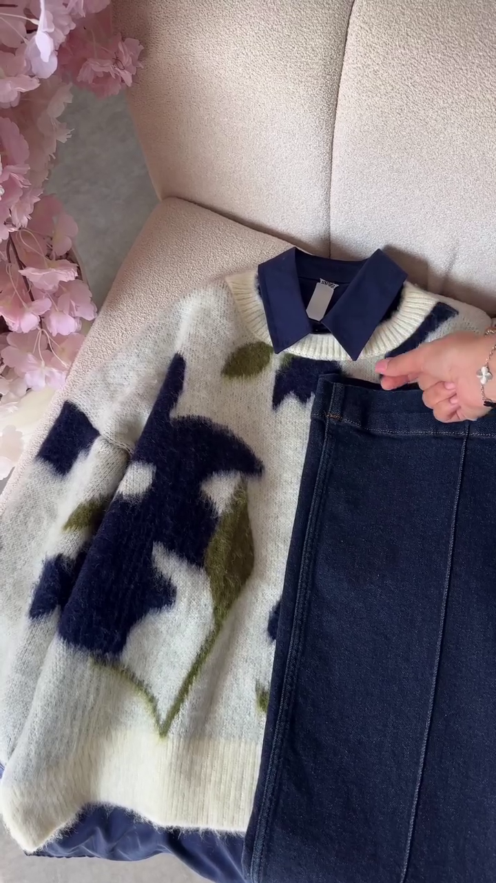 Cozy Winter Fashion Combo with Printed Sweater, Navy Shirt and Classic Denim Jeans