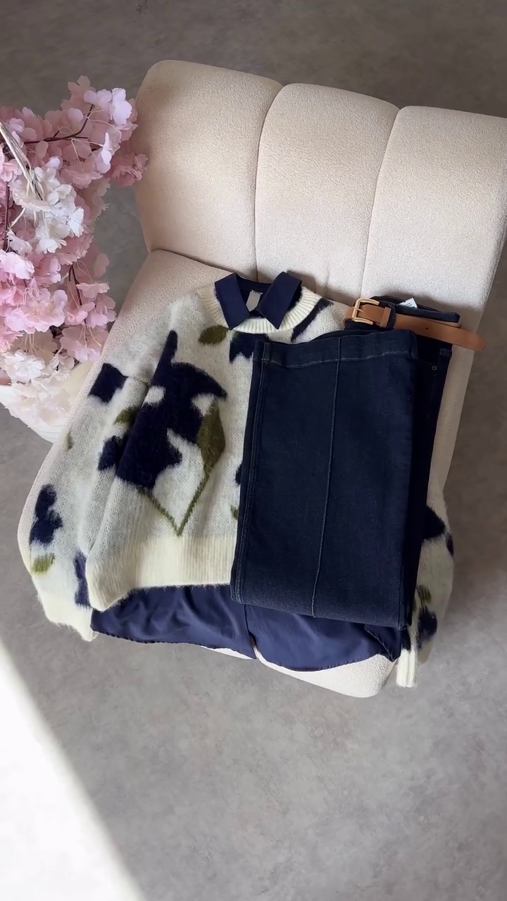 Cozy Winter Fashion Combo with Printed Sweater, Navy Shirt and Classic Denim Jeans