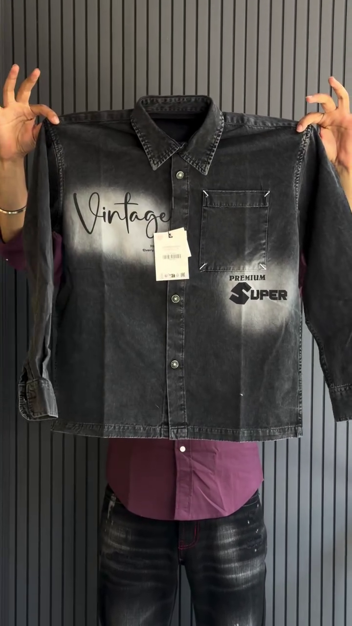 Vintage Black Denim Shirt – Premium Streetwear Style for Men