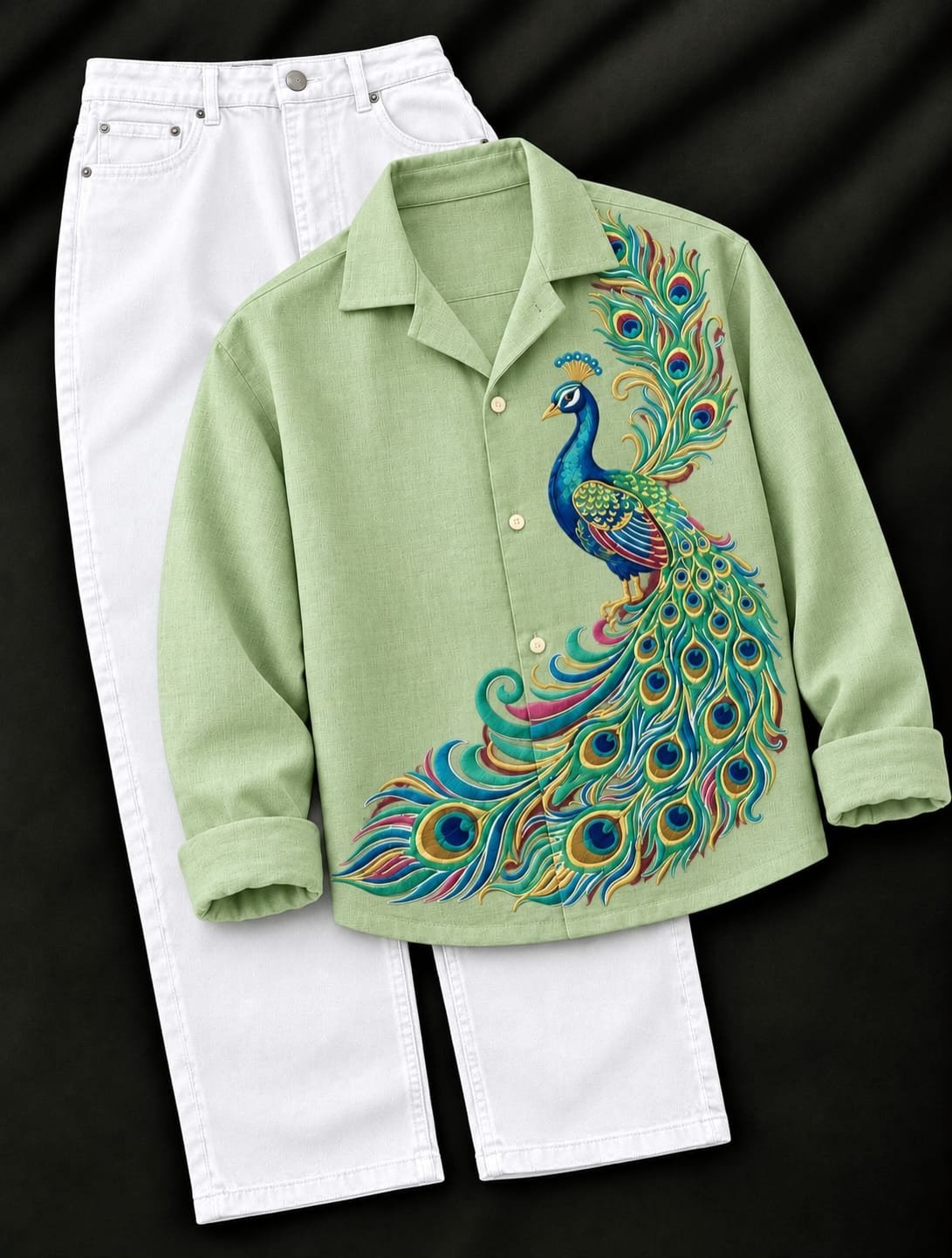 Black Peacock Printed Shirt with White Jeans – A Bold and Artistic Fashion Statement