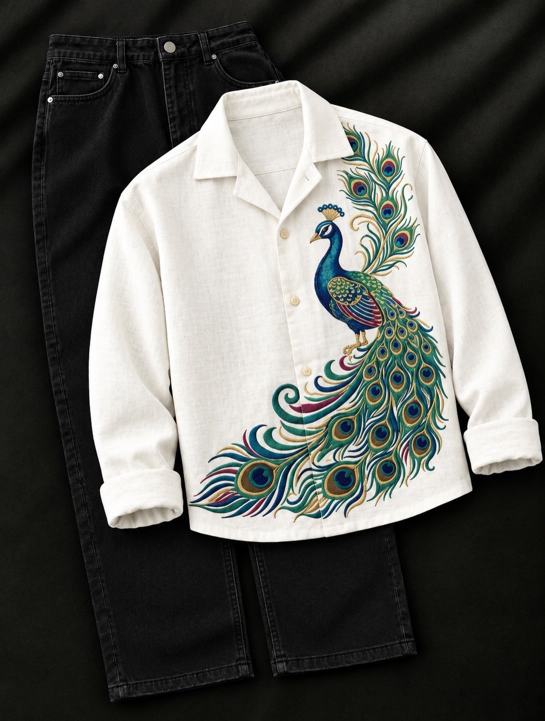 Black Peacock Printed Shirt with White Jeans – A Bold and Artistic Fashion Statement